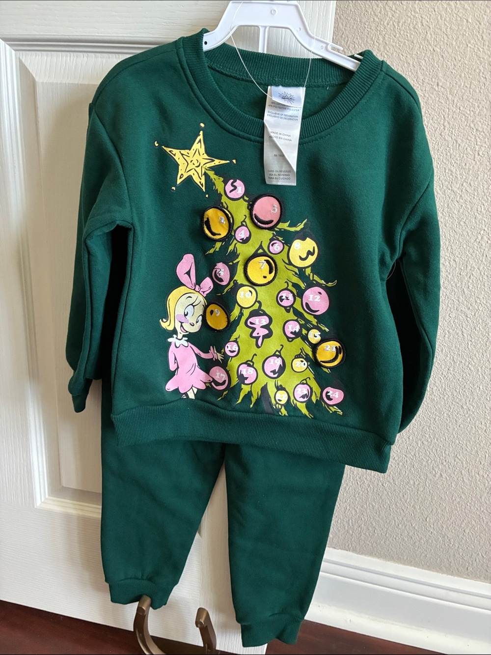 Girls' Grinch Christmas Green Holiday Sweatshirt Set with Festive Tree Graphic